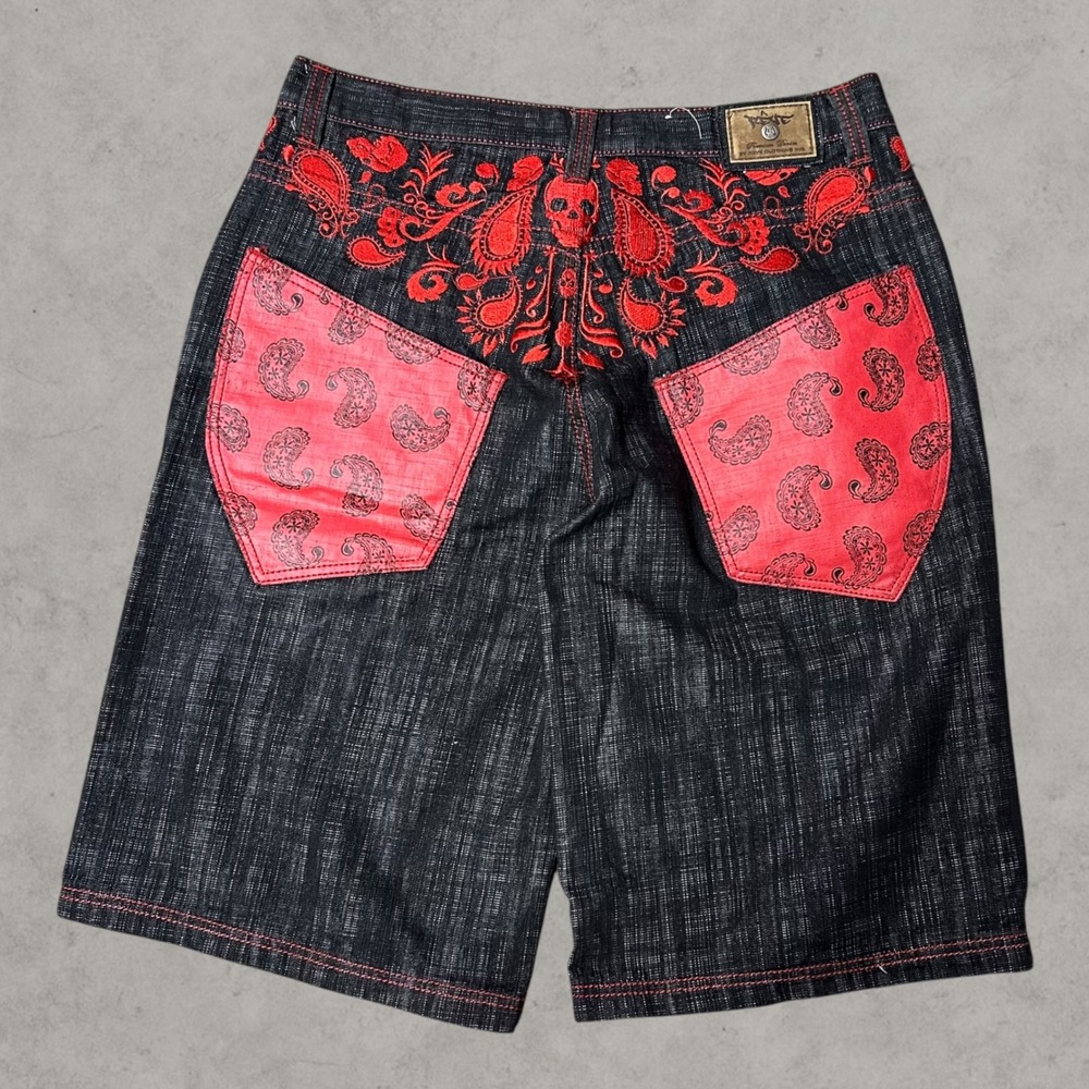 Reve Denim Shorts Mens 38 Black Red Embroidered Skull Paisley Y2K Streetwear